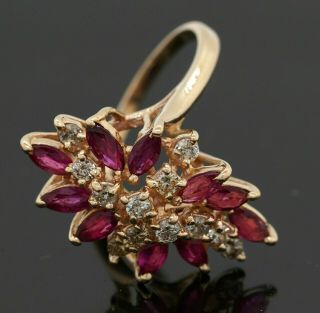 Vintage 14k Gold 2.  22ctw Diamond & Ruby Cluster Flower Cocktail Ring Size 8.  75