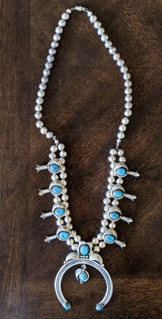 Vintage Sterling Silver Turquoise Navajo Squash Blossom Necklace 23 " 87 Grams