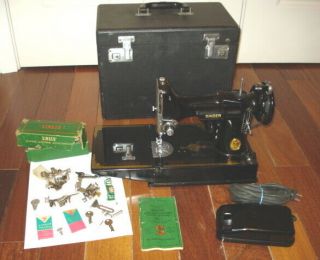 Vtg 1950 Singer 221 - 1 Featherweight Sewing Machine W/ Case & Attachments
