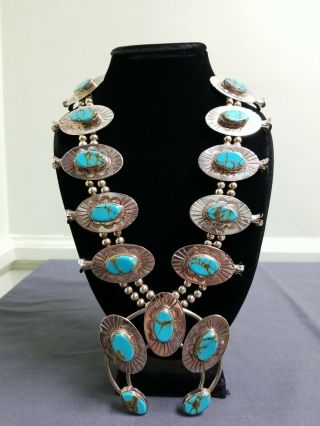 Vintage Turquoise Navajo Squash Blossom Necklace Signed " Z " 198 Grams
