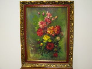 Large Vintage Oil On Canvas Painting Of Roses - Signed