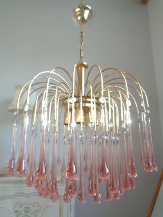 Gorgeous Huge Vintage Waterfall Chandelier Pale Pink Murano Glass Drops