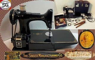 Vintage 1941 Singer Featherweight Sewing Machine 221 W/case,  Pedal & Accessories