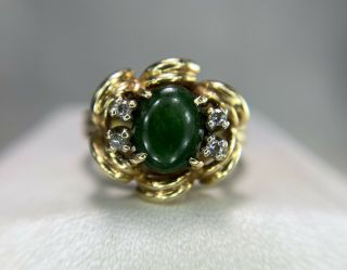 Vintage 14k Yellow Gold Oval Green Jade Round Diamond Flower Cocktail Ring