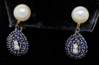 Vintage Heavy 14k Gold 1.  62ctw Diamond/sapphire & 8.  75mm Pearl Dangle Earrings