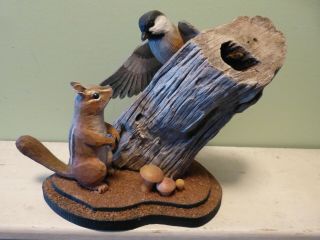 Great Carved Chipmunk And Chickadee Carving By Stan Sparre