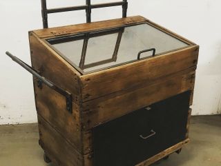 Vintage Wooden Display Cabinet with Large Drawer on Castors 2