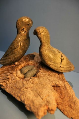 Vintage Inuit Eskimo Sculpture " Nesting Owl Couple " Cape Dorset ? Unsigned 60s ?