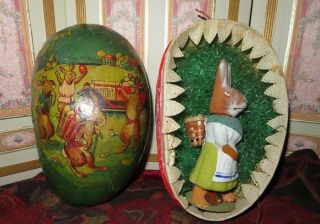 Rare Antique German Paper Mache Candy Container Rabbit In Presentaton Egg
