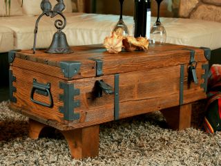 Vintage Travel Trunk Wooden Coffee Table Cottage Steamer Pine Chest Storage Box 4