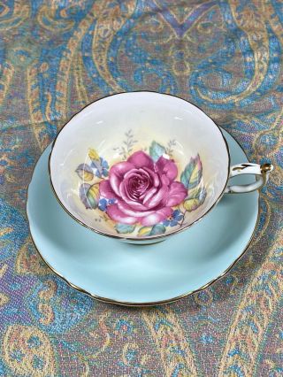Vintage Paragon Pastel Blue Teacup & Saucer Large Pink Cabbage Rose