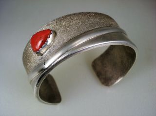 Vintage Navajo Tufa Cast Sterling Silver & Mediterrean Red Coral Bracelet Signed