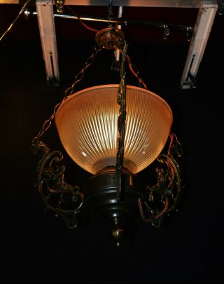 Vintage 1940s large bronze & Holophane 3 arm figural pendant light chandelier 3