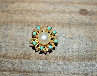 Vtg 14k Solid Y.  Gold Turquoise Pearl Brooch Pin Clasp Bracelet Necklace 6.  6g