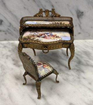 Antique Brass porcelain Enamel Romantic miniature small Vanity Chair 2