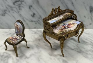 Antique Brass porcelain Enamel Romantic miniature small Vanity Chair 4