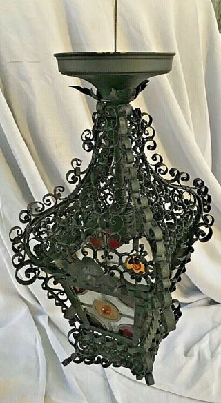 Vintage Ceiling Light Chandelier Scrolled Black Metal Stained Glass Panes Elec.