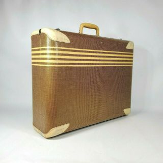 Vintage Wilt Suitcase 24 " Tweed Striped Luggage Leather Covered Corners