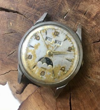 Vintage Zodiac Triple Date Moonphase Watch 1100 Movement Runs Repair