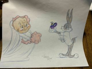 Virgil Ross Model Sheet Drawing Bugs Bunny And Elmer Fudd Signed 12.  5x10.  5” Cel