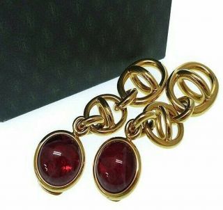Auth Gucci Vintage Large Logo And Red Glass Cabochon Dangle Statement Earrings