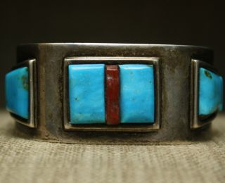 Vintage Native American Zuni Turquoise Coral Inlay Sterling Silver Cuff Bracelet