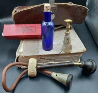 Vintage Doctor Bag With Medical Pinard Stethoscope,  Syringe,  Bottle,  Tablet Crush
