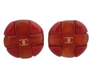 Auth Chanel Vintage Cc Logo Clip On Earrings Red/orange/gold Resin - E47027a
