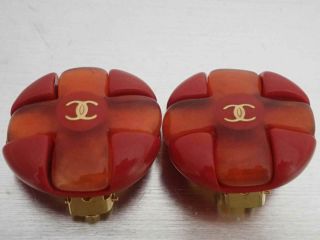 Auth CHANEL Vintage CC Logo Clip on Earrings Red/Orange/Gold Resin - e47027a 2