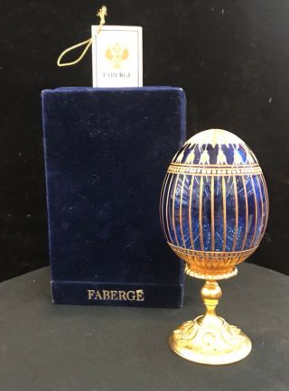 Vintage Imperial Cobalt Faberge Egg And Tag.  Signed Beauty
