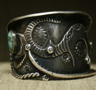 Thick Heavy Vintage Native American Turquoise Sterling Silver Cuff Bracelet