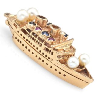 Vintage 14k Gold Ruby Sapphire & Pearl Bon Voyage Cruise Ship Charm Pendant 7.  3g