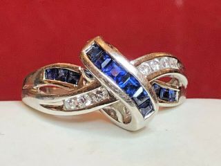 Vintage Estate 14k White Gold Blue Sapphire & Diamond Ring Love Knot Signed Aj