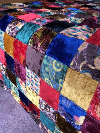 Vintage Velvet Patchwork Crazy Quilt King Bedspread 1981 Bohemian Boho Colorful 4