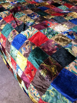 Vintage Velvet Patchwork Crazy Quilt King Bedspread 1981 Bohemian Boho Colorful 5