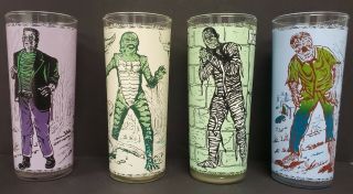 Set Of Vintage Universal Monster Glasses Creature,  Frankenstein,  Wolfman,  Mummy