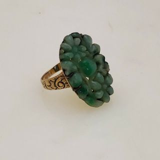 Vintage Carved Jade 14k Yellow Gold Floral Cocktail Ring Size 5.  25