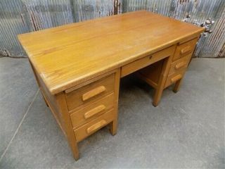 Oak Wood Desk School Teacher Office Vintage Mid Century Factory Table V,