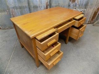 Oak Wood Desk School Teacher Office Vintage Mid Century Factory Table v, 2