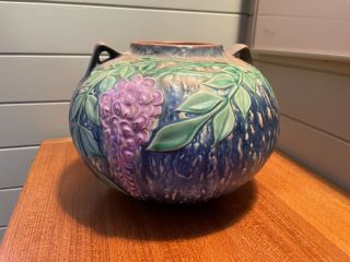 Roseville - Vintage 1930’s Art Pottery - Wisteria Pattern Two Handle Ball Vase