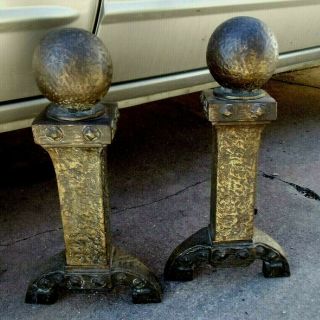 Vintage Mission - Arts And Crafts Cast Iron Andirons - Hammered Details
