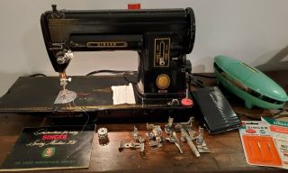 Vintage Black Singer 301a Slant Needle Long Bed Sewing Machine With Case