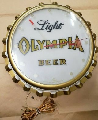 1971 Vintage Olymipia Light Beer Bottle Cap Light Up Bar Clock Sign Nmint