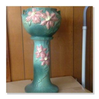 Vintage Roseville Pink Clematis Jardiniere And Pedestal Set