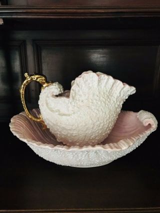 Large Ornate Pink White Pitcher And Wash Basin Pink Sea Shell Vintage Handmade