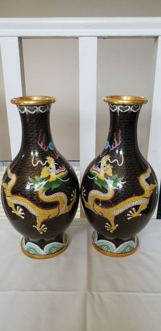 Antique Bronze Chinese China Cloisonne Black Dragon Vase 12 