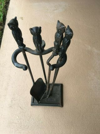 Vintage Owl 4 Piece Fireplace Tool Set With Brass Eyes