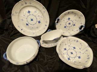 5 Pc Vintage Royal Copenhagen B&g Porcelain 5 Serving Dishes Blue Half Lace