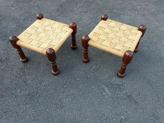 vintage Danish modern,  Brazilian style,  rosewood and rope stools,  pair, 6