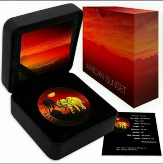 2017 1 Oz Silver African Elephant At Sunset Ruthenium Coin With 24k Gold.